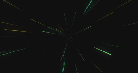 Image of multiple colourful green, blue and orange light trails moving on black background. Colour...