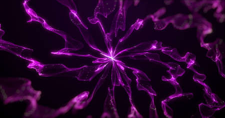 Image of burst of multiple purple smoke and light trails moving in hypnotic motion on black background. Colour and movement concept digitally generated image.の写真素材