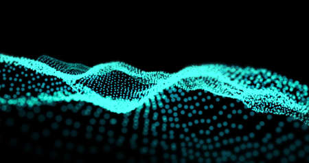 Image of rows of multiple green dots forming mesh moving in hypnotic motion on black background....