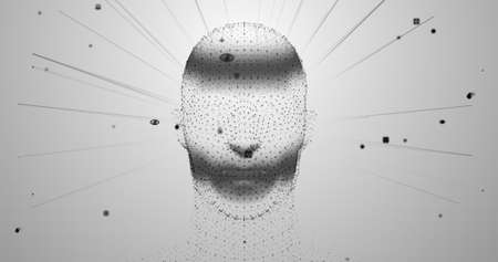 Image of 3d grey glowing human head model with network of connections and data processing on grey background. Global medicine science research concept digitally generated image.の写真素材