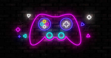 Image of a retro neon pink, purple and turquoise image game controller with flickering yellow...