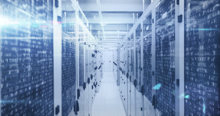 Image of data processing and digital information flowing through network of computer servers in a...