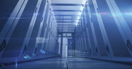 Image of data processing and digital information flowing through network of computer servers in a...