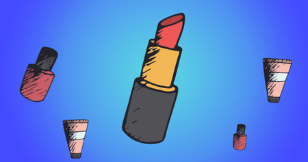 Composition of lipstick repeated on blue background. fashion and beauty accessories background pattern concept digital image.の写真素材