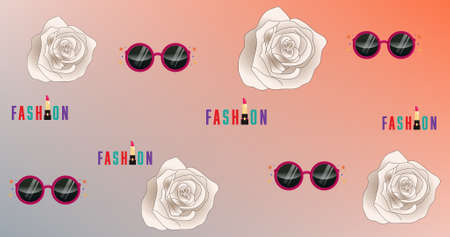 Composition of glasses and roses repeated on pink background. fashion and beauty accessories background pattern concept digital image.の写真素材