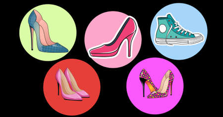 Composition of shoes on black background. fashion and beauty accessories background pattern concept digital image.の写真素材