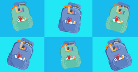 Composition of school items on six colourful squares. education, school and learning concept digitally generated image.の写真素材