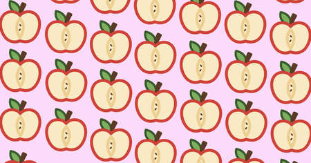 Composition of red apple halves repeated in rows on pale pink background. school, healthy eating, education and study concept digitally generated image.の写真素材