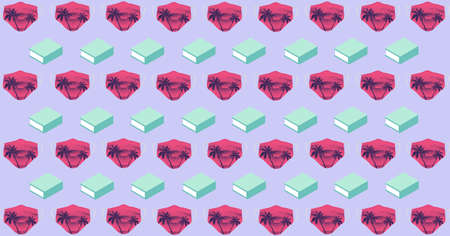 Composition of blue books and pink face masks repeated in rows, on pale lilac. school, education and study during coronavirus covid 19 pandemic concept digitally generated image.の写真素材