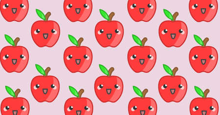 Composition of red apples with faces repeated in rows on pale pink background. school, healthy eating, education and study concept digitally generated image.の写真素材