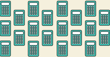 Composition of blue calculators repeated in rows on beige background. school, education and study concept digitally generated image.の写真素材