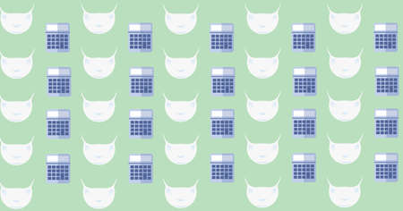 Composition of calculators and face masks repeated in rows, on pale green. school, education and study during coronavirus covid 19 pandemic concept digitally generated image.の写真素材