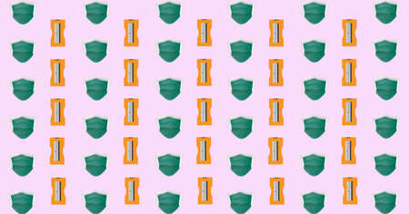Composition of pencil sharpeners and face masks repeated in rows, on pale pink. school, education and study during coronavirus covid 19 pandemic concept digitally generated image.の写真素材