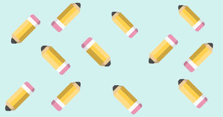Composition of yellow pencils repeated on pale blue background. school, education and study concept...