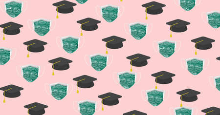 Composition of mortar boards and face masks repeated in rows, on pale pink. school, education and study during coronavirus covid 19 pandemic concept digitally generated image.の写真素材