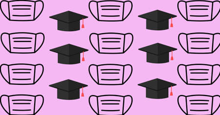 Composition of mortar boards and face masks repeated in rows, on pink. school, education and study during coronavirus covid 19 pandemic concept digitally generated image.の写真素材