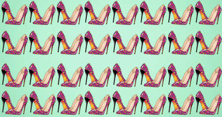 Composition of pink leopard pattern stiletto shoes repeated in rows, on pale green background. fashion, beauty and accessories background pattern concept digital animation.の写真素材
