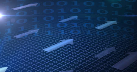Image of digital interface with binary coding and blue arrows. global online network technology...