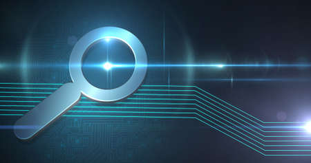 Image of search loop symbol and green glowing lines over computer circuit board. digital interface...
