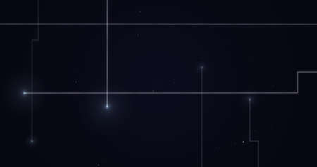 Image of glowing white points with light trails forming grid on night sky with stars. digital...
