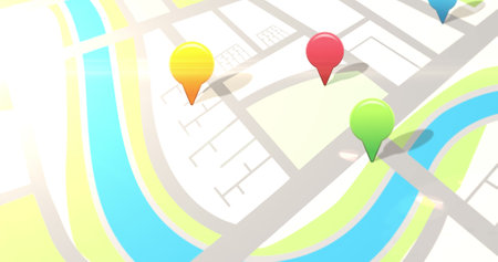 Image of location pins over flashing digital road map. digital interface connection and...