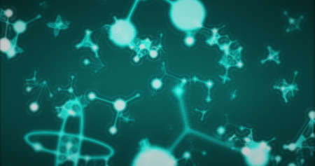 Image of multiple 3d glowing turquoise molecules moving and spinning in seamless loop in repetition on turquoise background. Medicine science genetics concept digitally generated image.の写真素材