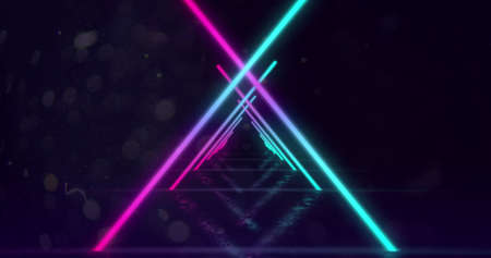 Image of glowing neon turquoise and pink triangle outlines moving towards camera in hypnotic motion...