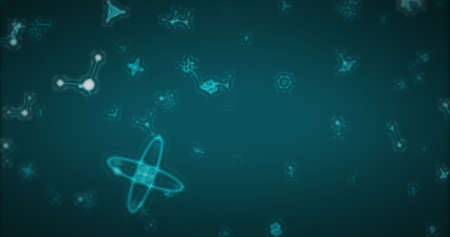 Image of multiple 3d glowing turquoise molecules moving and spinning in seamless loop in repetition...