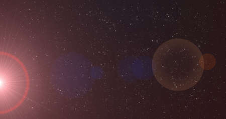 Image of glowing red star light moving in hypnotic motion in seamless loop over stars on night sky in the background. Light colour and movement concept digitally generated image.の写真素材