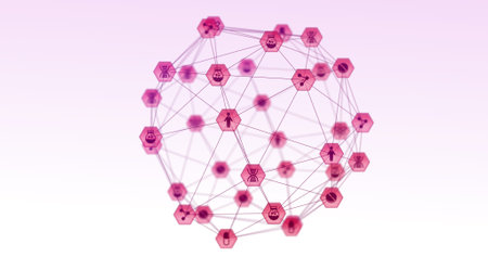 Image of network of connections with digital pink medical icons forming globe rotating on white background. Digital interface global computer network concept digitally generated image.の写真素材