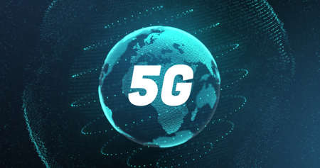 Image of 5G written in white letters with globe rotating and network of connections spinning over glowing blue background. Digital computer interface communication and connection concept digitally generated image.の写真素材