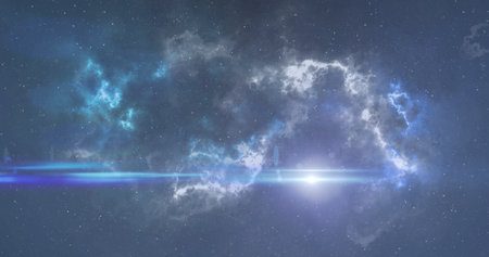 Image of glowing spot of light moving in hypnotic motion in seamless loop with stormy blue clouds of...
