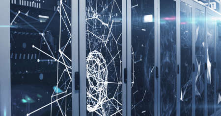 Image of digital data processing flowing through network of computer servers in server room with...