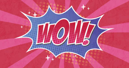 Image of vintage comic cartoon speech bubble with Wow! text written in pink moving on pink striped background. Retro pop art communication concept digitally generated image.の写真素材