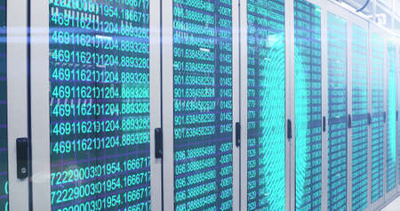 Image of fingerprint scanning and digital information flowing through network of computer servers in...