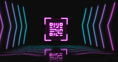Image of flickering pink QR code with pink to blue neon arrows on blue background. Information...