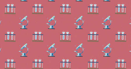 Image of multiple rows of chemistry and biology laboratory equipment icons moving in seamless loop on pink background. Education back to school and learning concept digitally generated image.の写真素材