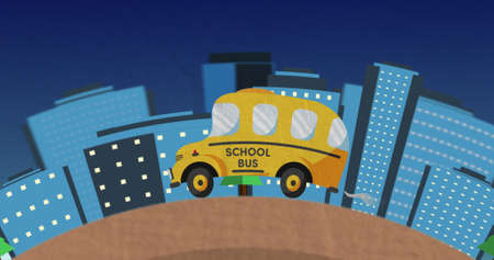 Image of school bus driving with cityscape and buildings on blue background. Back to school education concept digitally generated image.の写真素材