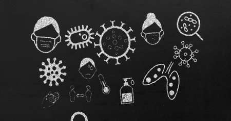 Image of white icons of people with face masks, lungs, hands and  cell moving on black background....