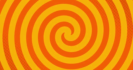Image of yellow circles rotating and moving in hypnotic motion in repetition in seamless loop on orange background. Colour and movement concept digitally generated image.の写真素材