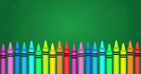 Image of multiple multi coloured crayons in rows at the bottom on green background. Back to school education concept digitally generated image.の写真素材