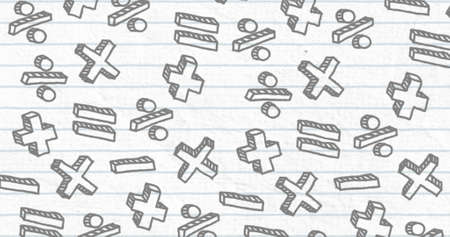 Image of multiple mathematical symbols in black drawn on page of lined notebook in the background. Education back to school concept digitally generated image.の写真素材