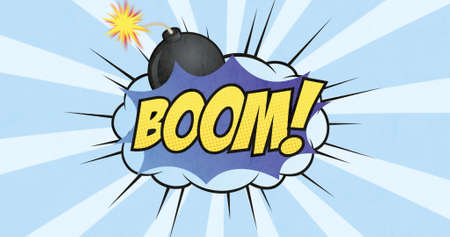 Image of vintage comic cartoon speech bubble with Boom! text written in yellow with bomb moving on blue striped background. Retro pop art communication concept digitally generated image.の写真素材