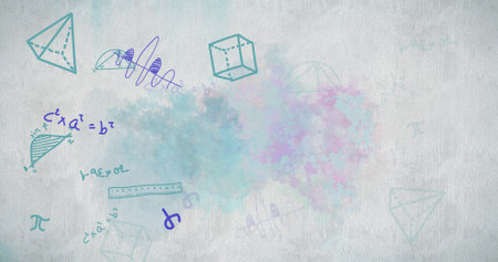 Image of mathematical equations and geometrical shapes in blue moving on grey background. Education back to school concept digitally generated image.の写真素材