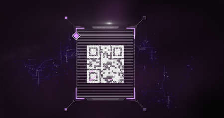 Image of fingerprint QR code data scanning and processing and digital interface with purple network on black background. Online security concept digitally generated image.の写真素材