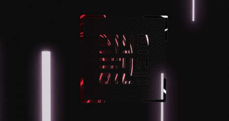 Image of glowing red and pink QR code being scanned on black background. Information interface...