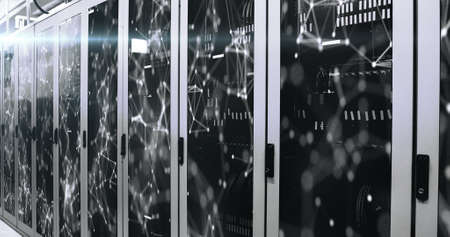 Image of data processing and digital information flowing through network of computer servers in...