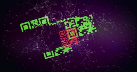 Image of QR code flashing data scanning and processing and digital interface with glowing network in the background. Online security concept digitally generated image.の写真素材