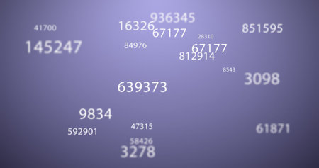 Image of multiple white numbers changing on purple background. Mathematics counting digital...