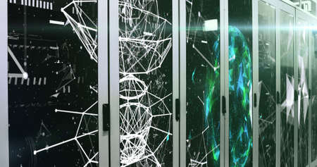 Image of globe, data processing and digital information flowing through network of computer servers...